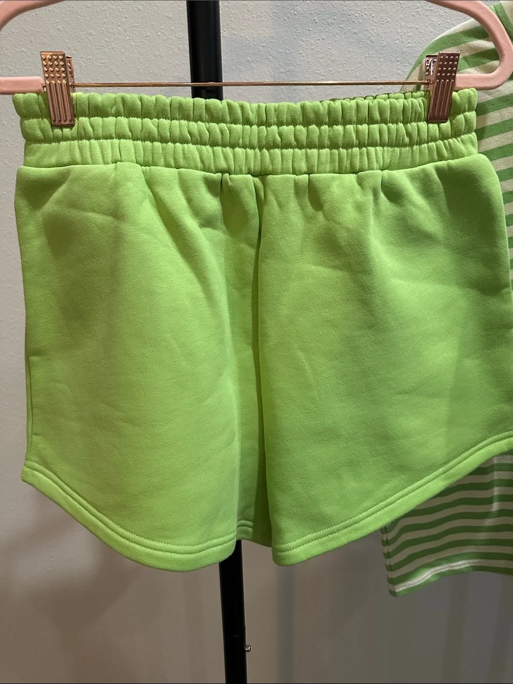 FANCY Lime Green Striped Women’s Set - Short Sleeve & Shorts - Picture 2 of 5
